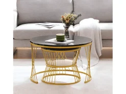ModernLuxe Conjunto de 2 mesas de encastrar - folheado com padrão mármore - estrutura dourada -^ Mesa De Centro