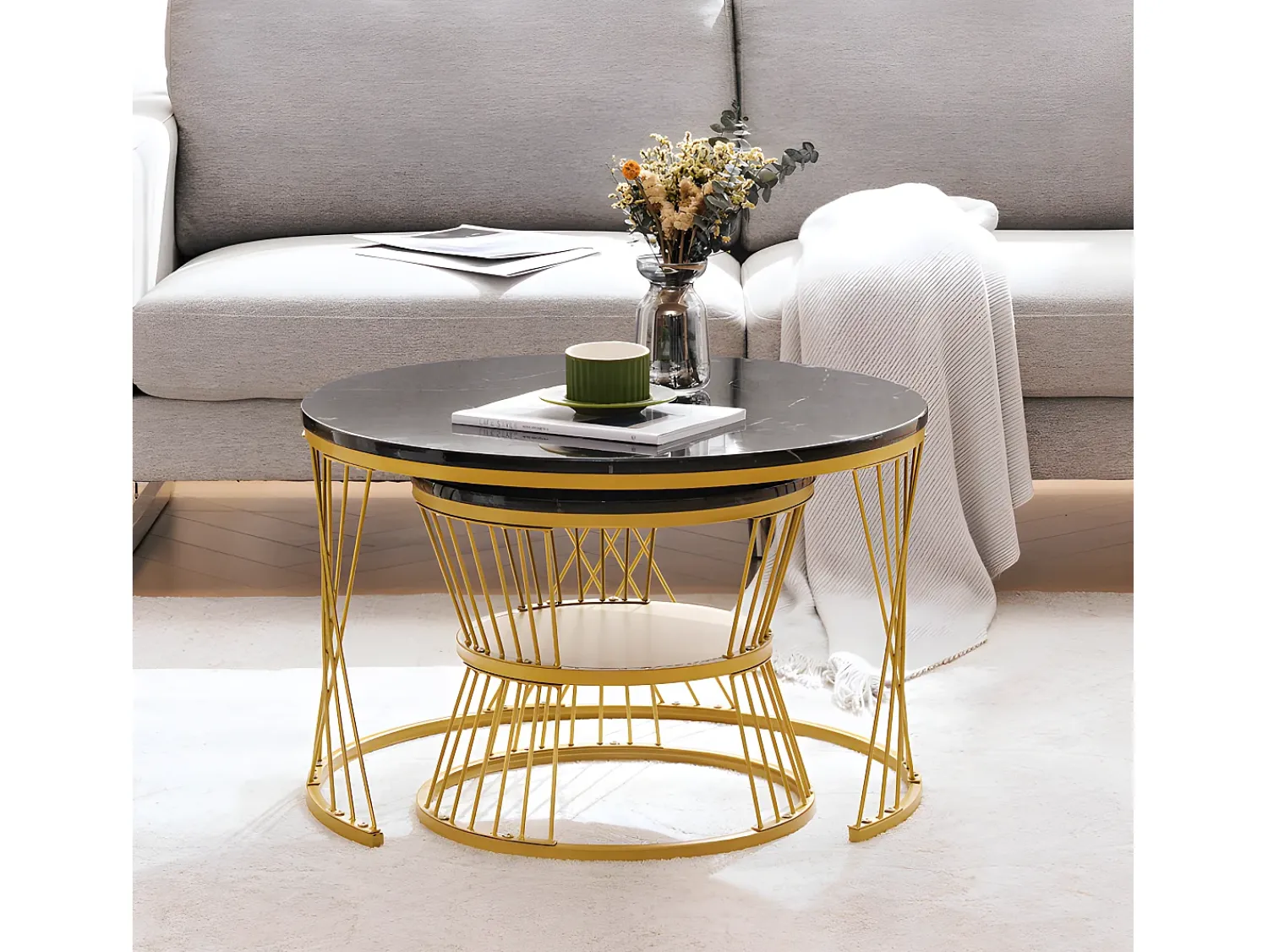 ModernLuxe Conjunto de 2 mesas de encastrar - folheado com padrão mármore - estrutura dourada -^ Mesa De Centro