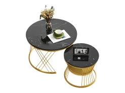 ModernLuxe Conjunto de 2 mesas de encastrar - folheado com padrão mármore - estrutura dourada -^ Mesa De Centro
