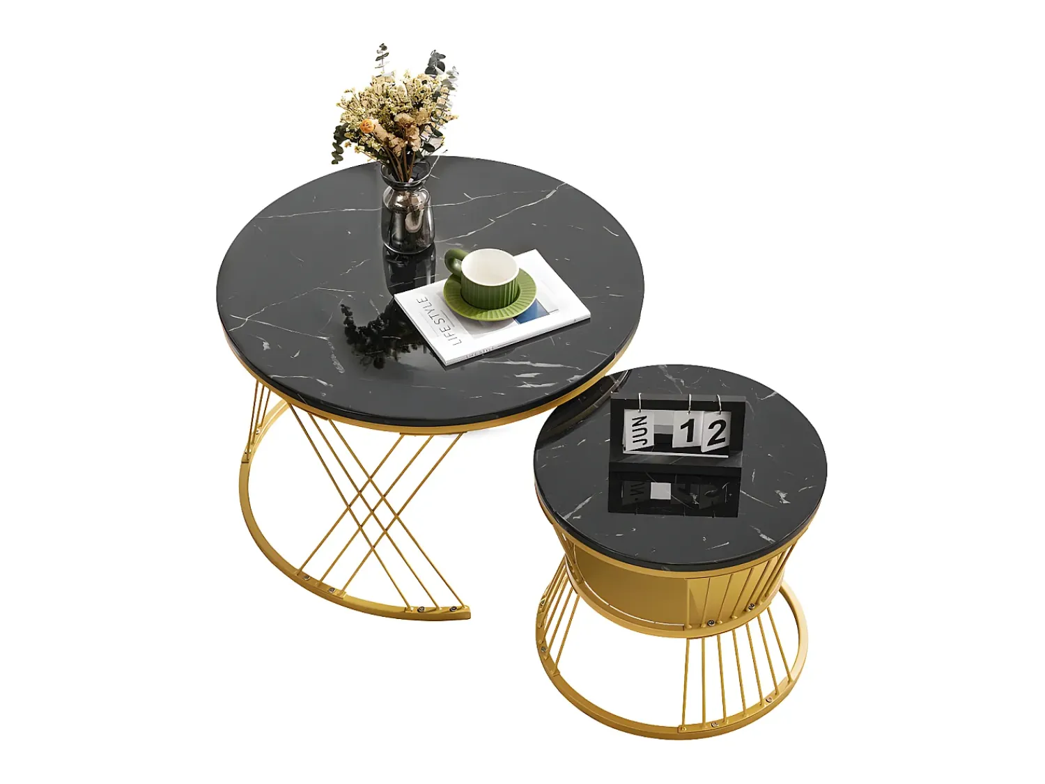 ModernLuxe Conjunto de 2 mesas de encastrar - folheado com padrão mármore - estrutura dourada -^ Mesa De Centro