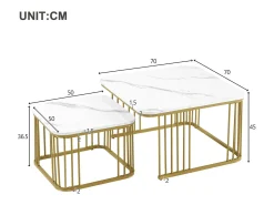 ModernLuxe Conjunto de 2 mesas de encastrar - tampo em MDF com padrão mármore - pés dourados - e Dourado^ Mesa De Centro