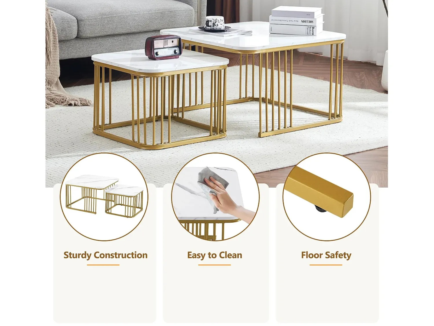 ModernLuxe Conjunto de 2 mesas de encastrar - tampo em MDF com padrão mármore - pés dourados - e Dourado^ Mesa De Centro
