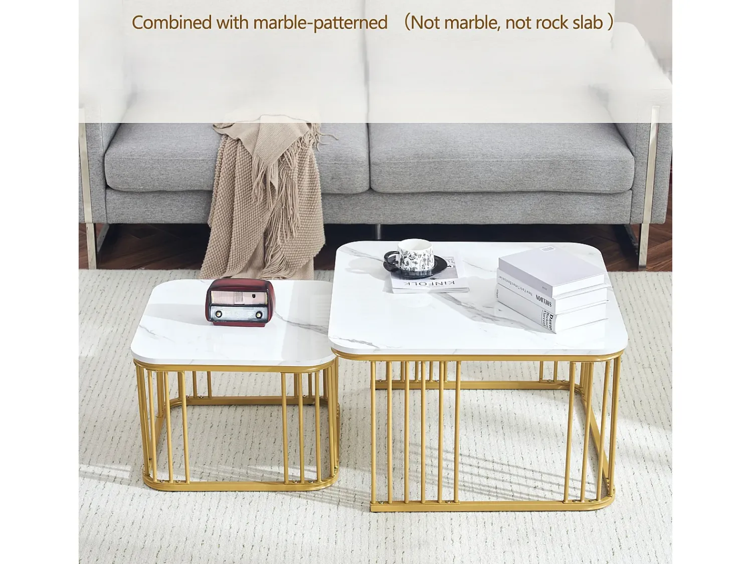 ModernLuxe Conjunto de 2 mesas de encastrar - tampo em MDF com padrão mármore - pés dourados - e Dourado^ Mesa De Centro
