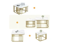 ModernLuxe Conjunto de 2 mesas de encastrar - tampo em MDF com padrão mármore - pés dourados - e Dourado^ Mesa De Centro