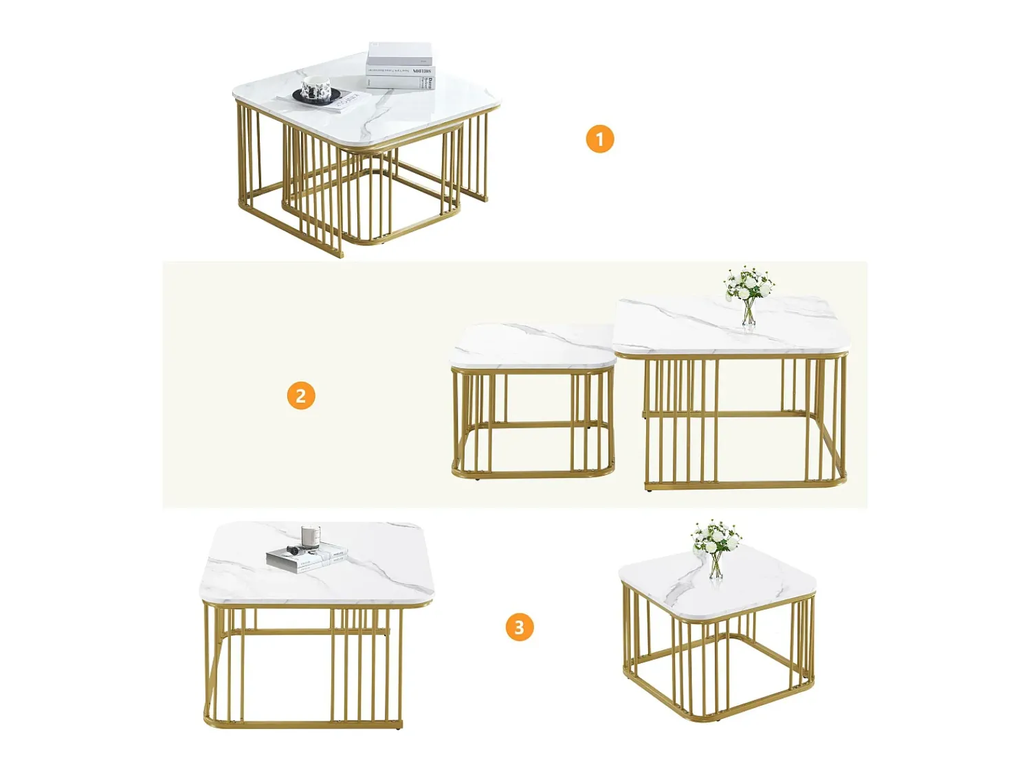 ModernLuxe Conjunto de 2 mesas de encastrar - tampo em MDF com padrão mármore - pés dourados - e Dourado^ Mesa De Centro