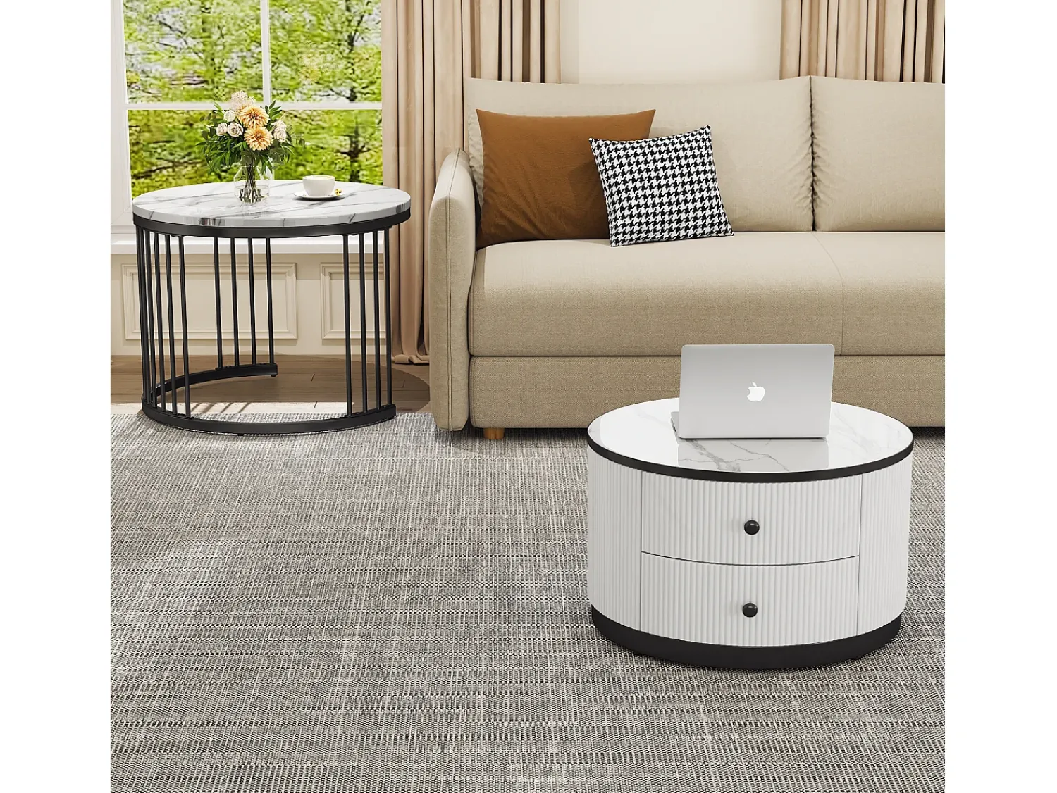Mesa De Centro|ModernLuxe Conjunto de 2 mesas de encastrar - 2 gavetas - tampo em mármore - Branco e Preto Preto / Branco