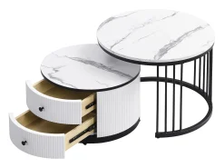 Mesa De Centro|ModernLuxe Conjunto de 2 mesas de encastrar - 2 gavetas - tampo em mármore - Branco e Preto Preto / Branco