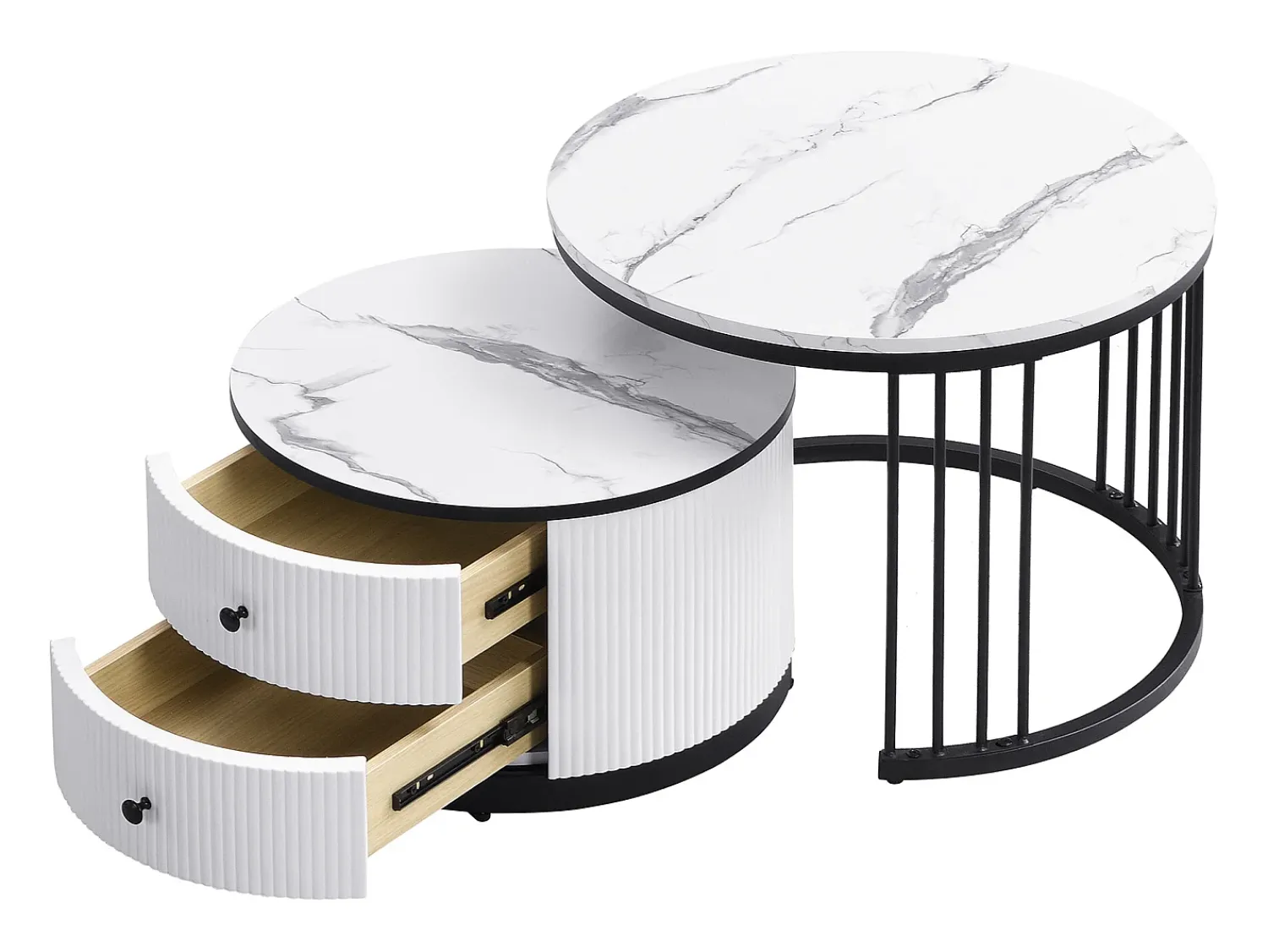 Mesa De Centro|ModernLuxe Conjunto de 2 mesas de encastrar - 2 gavetas - tampo em mármore - Branco e Preto Preto / Branco