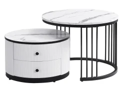 Mesa De Centro|ModernLuxe Conjunto de 2 mesas de encastrar - 2 gavetas - tampo em mármore - Branco e Preto Preto / Branco