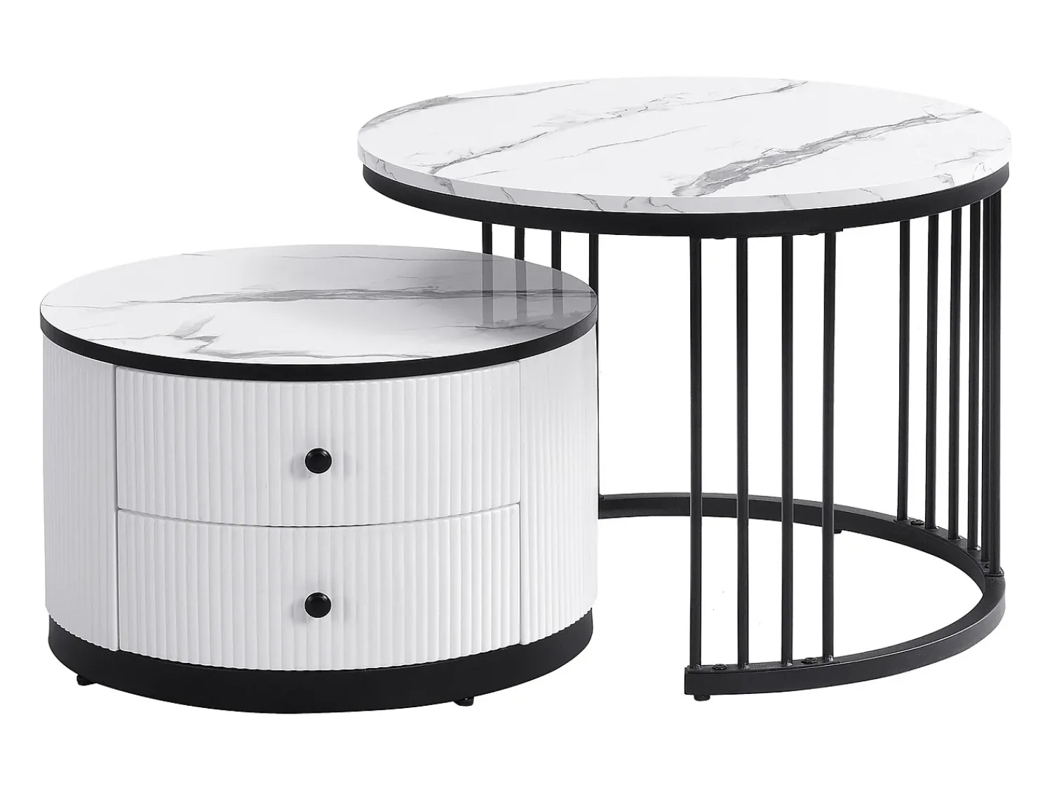 Mesa De Centro|ModernLuxe Conjunto de 2 mesas de encastrar - 2 gavetas - tampo em mármore - Branco e Preto Preto / Branco