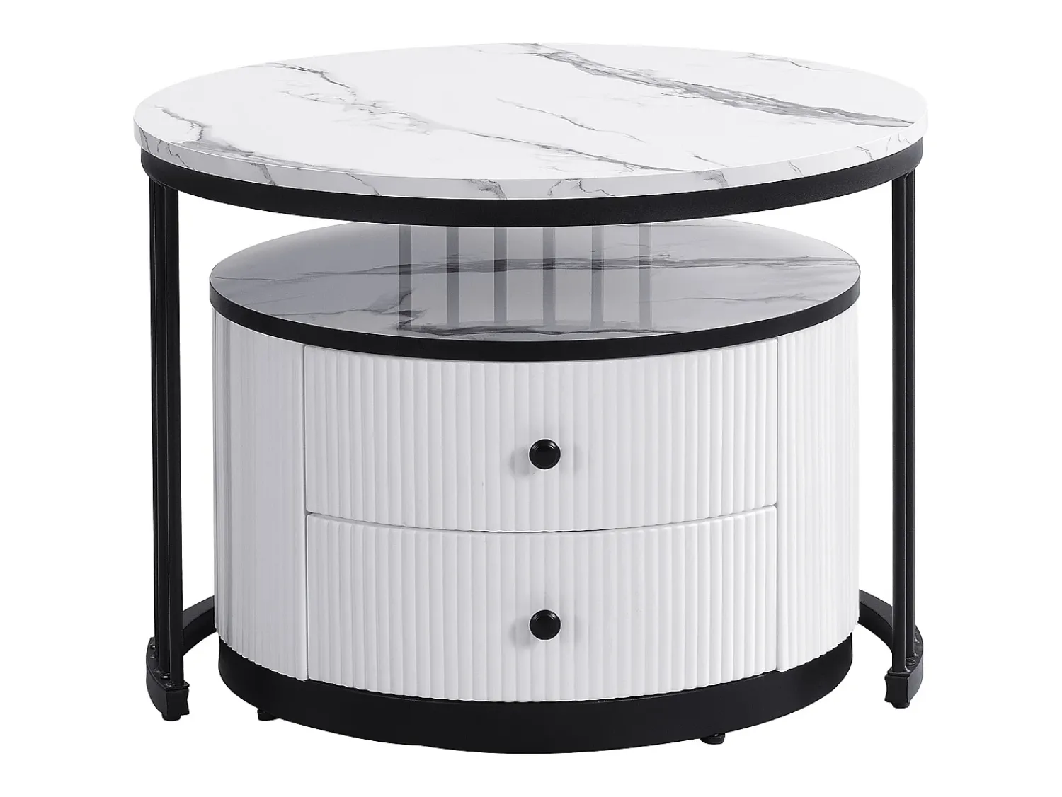 Mesa De Centro|ModernLuxe Conjunto de 2 mesas de encastrar - 2 gavetas - tampo em mármore - Branco e Preto Preto / Branco