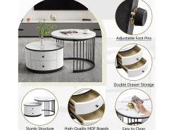 Mesa De Centro|ModernLuxe Conjunto de 2 mesas de encastrar - 2 gavetas - tampo em mármore - Branco e Preto Preto / Branco