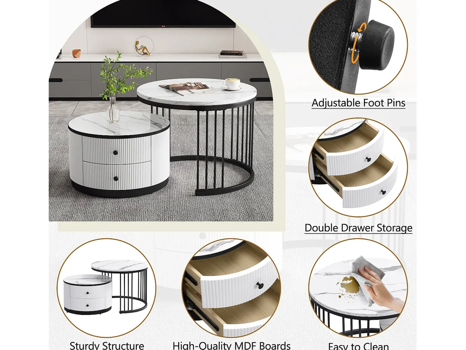 Mesa De Centro|ModernLuxe Conjunto de 2 mesas de encastrar - 2 gavetas - tampo em mármore - Branco e Preto Preto / Branco