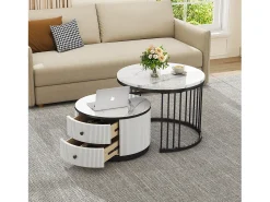 Mesa De Centro|ModernLuxe Conjunto de 2 mesas de encastrar - 2 gavetas - tampo em mármore - Branco e Preto Preto / Branco