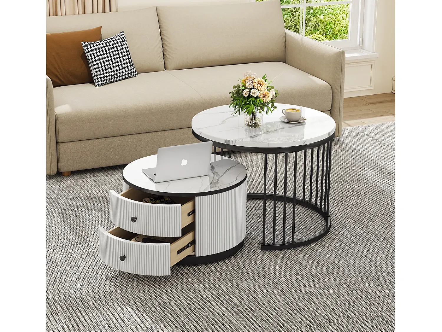 Mesa De Centro|ModernLuxe Conjunto de 2 mesas de encastrar - 2 gavetas - tampo em mármore - Branco e Preto Preto / Branco