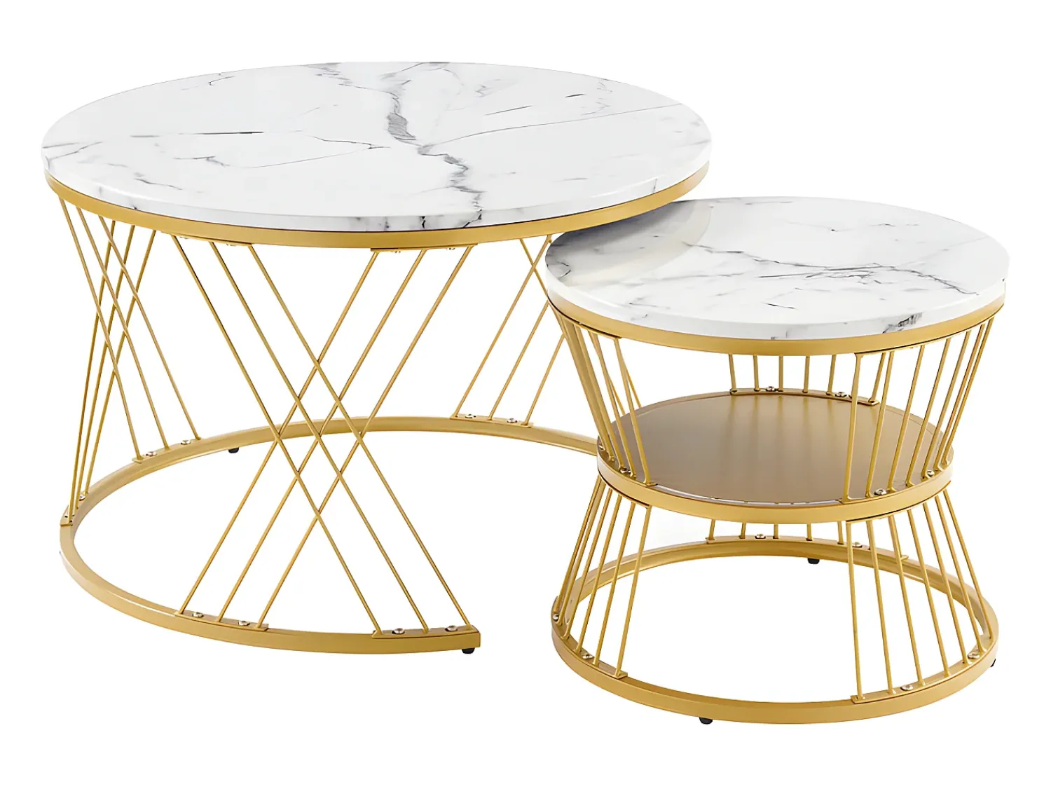Hot ModernLuxe Conjunto de 2 mesas de encastrar - folheado com padrão mármore - estrutura dourada - Branco
