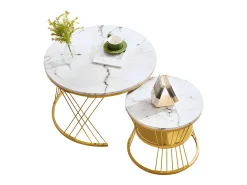 Hot ModernLuxe Conjunto de 2 mesas de encastrar - folheado com padrão mármore - estrutura dourada - Branco