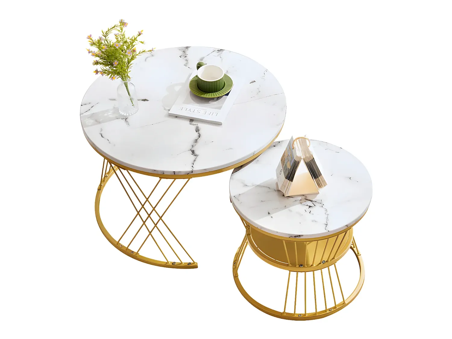Hot ModernLuxe Conjunto de 2 mesas de encastrar - folheado com padrão mármore - estrutura dourada - Branco