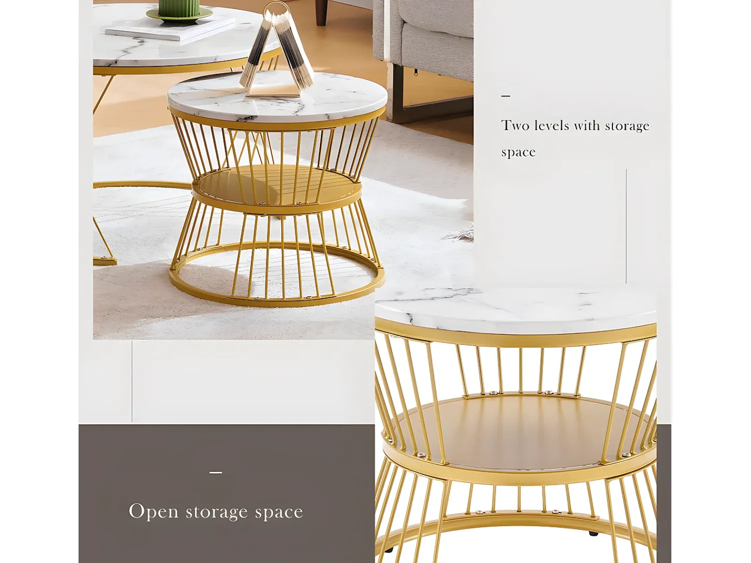 Hot ModernLuxe Conjunto de 2 mesas de encastrar - folheado com padrão mármore - estrutura dourada - Branco