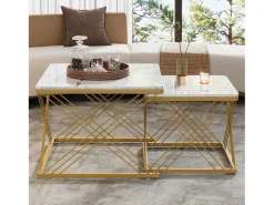 ModernLuxe Conjunto de 2 mesas de encastrar - tampo em mármore - Branco e Dourado^ Mesa De Centro