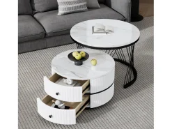 Mesa De Centro*Hauss Spole Conjunto de 2 mesas de encaixe com 2 gavetas, tampo com efeito mármore - Branco e Preto