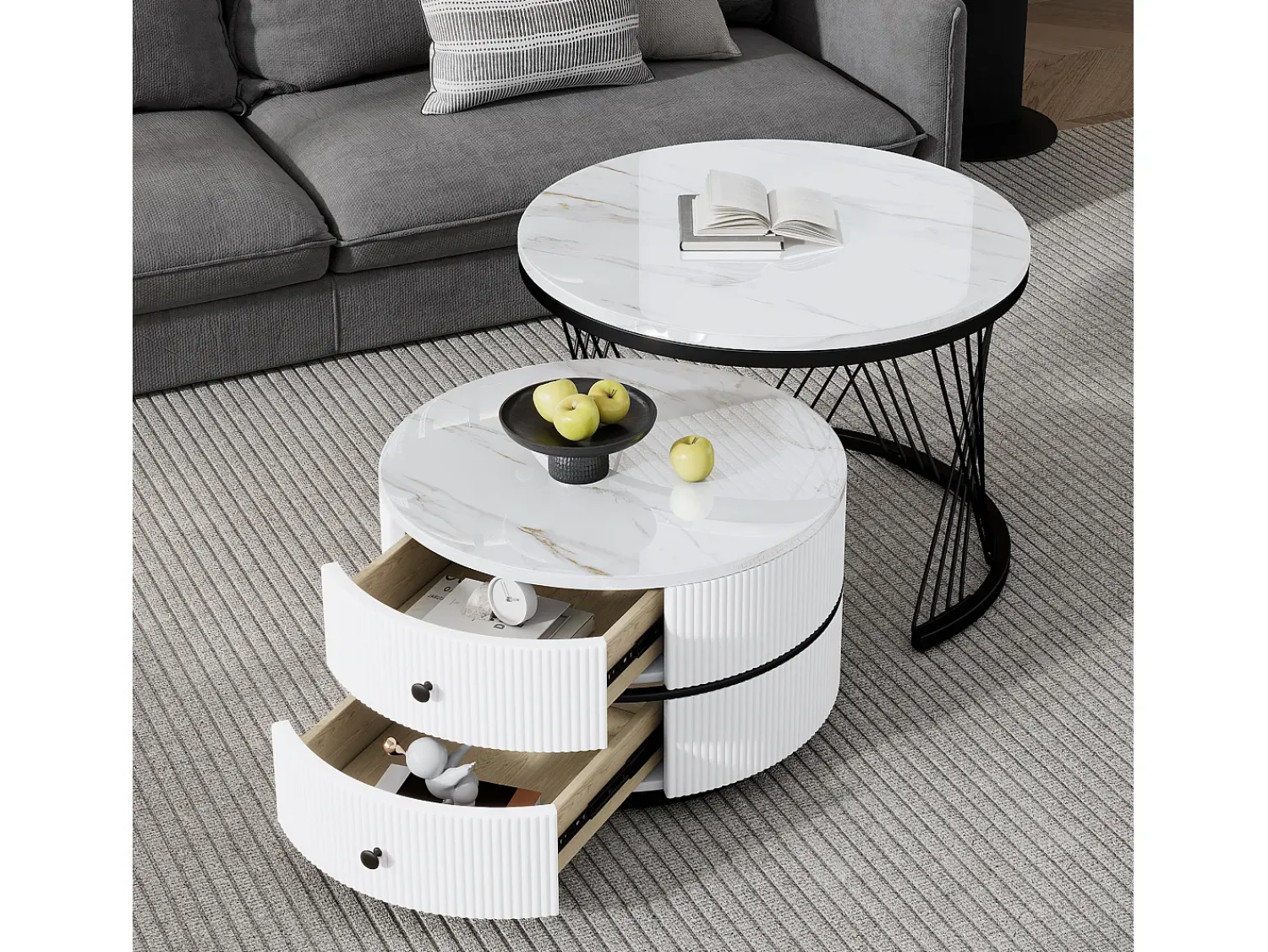 Mesa De Centro*Hauss Spole Conjunto de 2 mesas de encaixe com 2 gavetas, tampo com efeito mármore - Branco e Preto