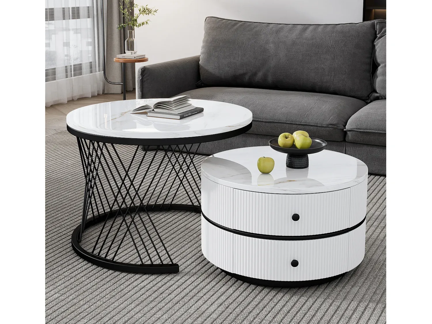 Mesa De Centro*Hauss Spole Conjunto de 2 mesas de encaixe com 2 gavetas, tampo com efeito mármore - Branco e Preto