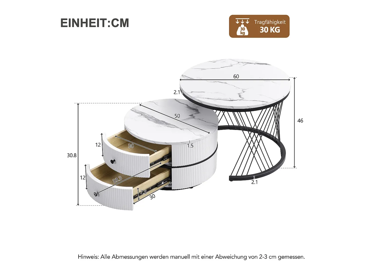 Mesa De Centro*Hauss Spole Conjunto de 2 mesas de encaixe com 2 gavetas, tampo com efeito mármore - Branco e Preto