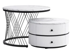 Mesa De Centro*Hauss Spole Conjunto de 2 mesas de encaixe com 2 gavetas, tampo com efeito mármore - Branco e Preto