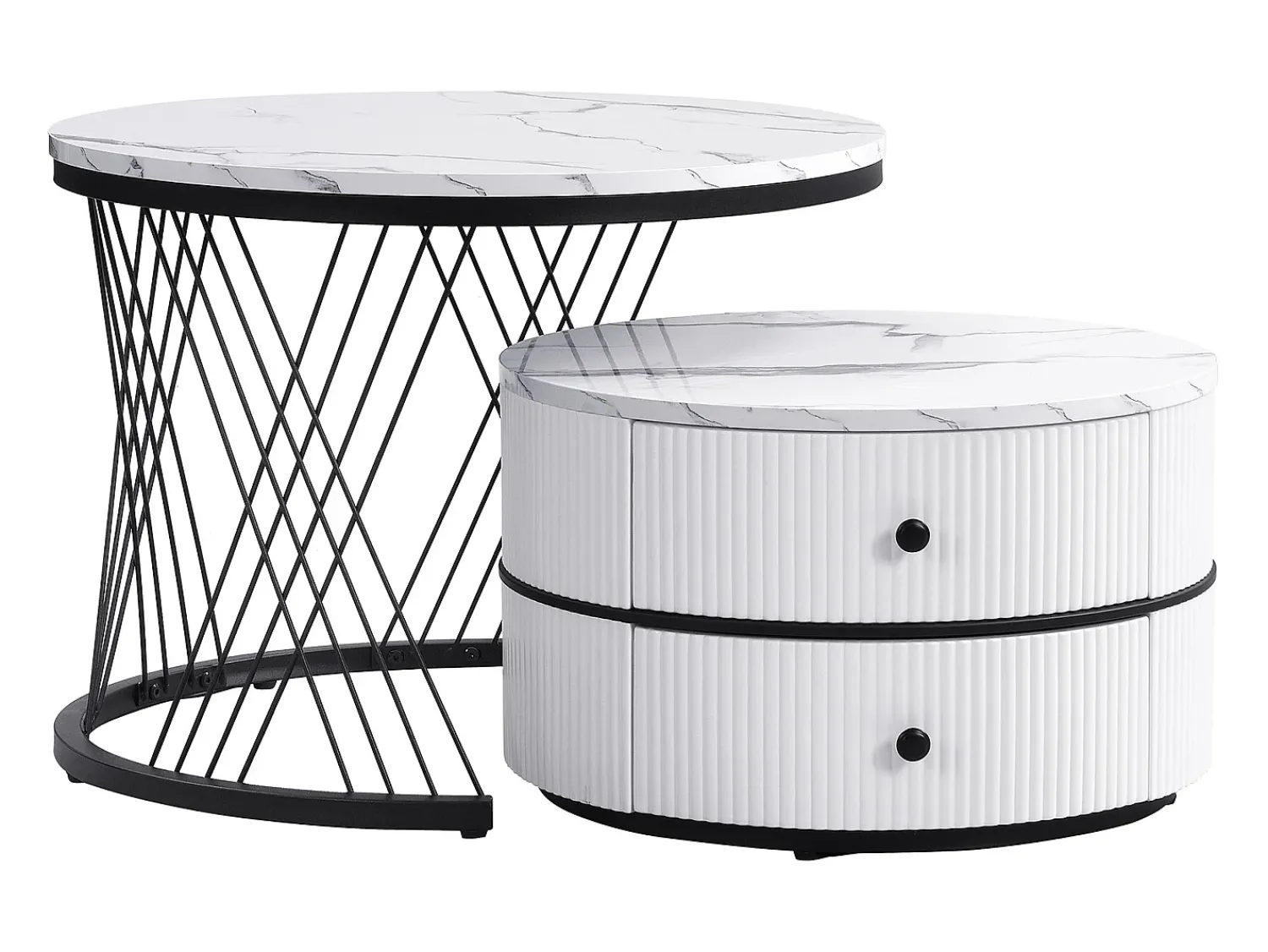 Mesa De Centro*Hauss Spole Conjunto de 2 mesas de encaixe com 2 gavetas, tampo com efeito mármore - Branco e Preto