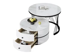 Mesa De Centro*Hauss Spole Conjunto de 2 mesas de encaixe com 2 gavetas, tampo com efeito mármore - Branco e Preto