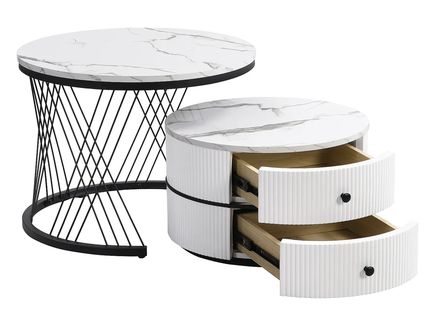 Mesa De Centro*Hauss Spole Conjunto de 2 mesas de encaixe com 2 gavetas, tampo com efeito mármore - Branco e Preto