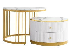 Mesa De Centro*ModernLuxe Conjunto de 2 mesas de encastrar - 2 gavetas - tampo em mármore - Branco e Dourado Branco / Dourado