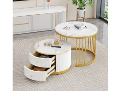 Mesa De Centro*ModernLuxe Conjunto de 2 mesas de encastrar - 2 gavetas - tampo em mármore - Branco e Dourado Branco / Dourado