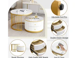 Mesa De Centro*ModernLuxe Conjunto de 2 mesas de encastrar - 2 gavetas - tampo em mármore - Branco e Dourado Branco / Dourado