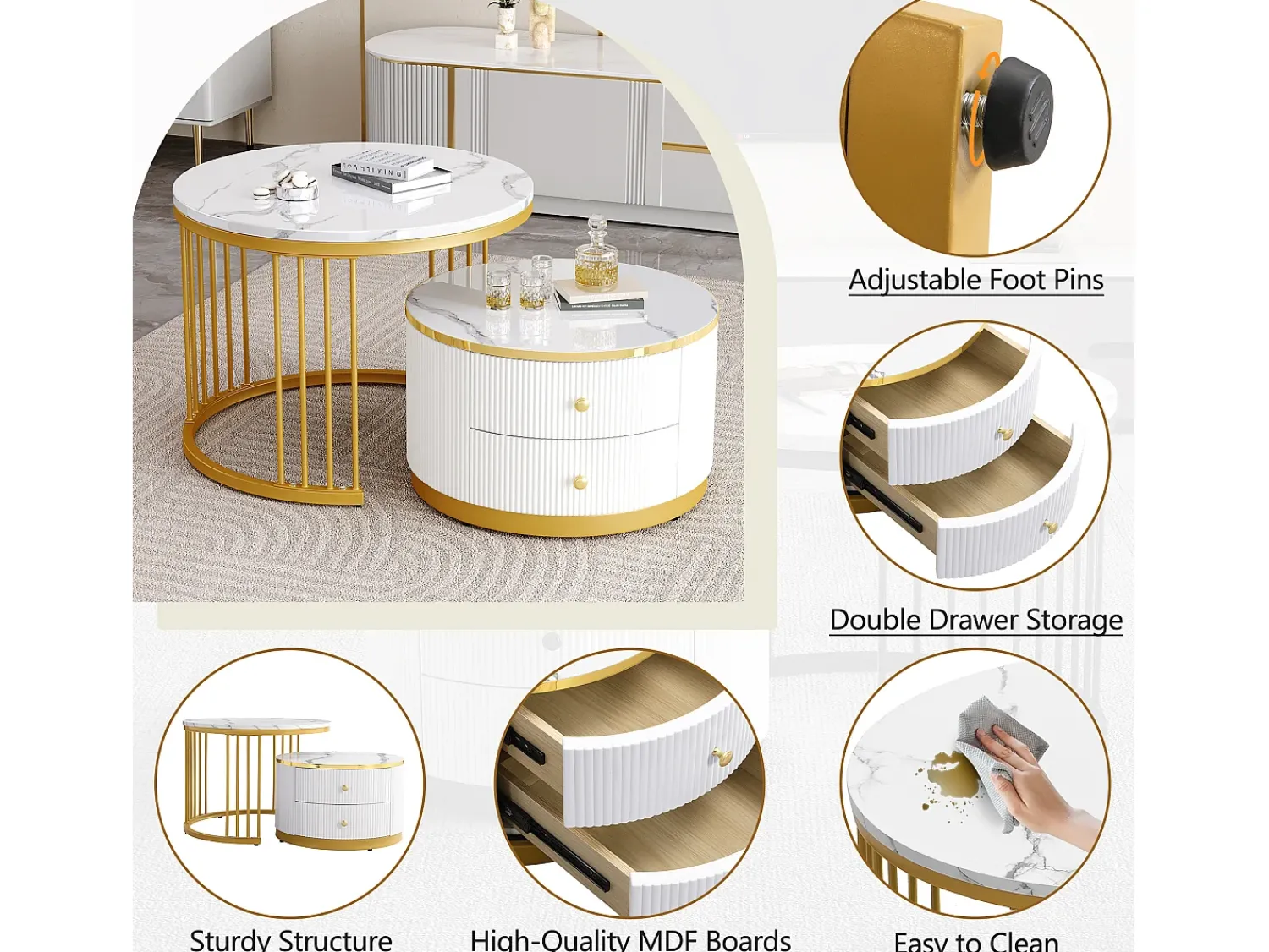 Mesa De Centro*ModernLuxe Conjunto de 2 mesas de encastrar - 2 gavetas - tampo em mármore - Branco e Dourado Branco / Dourado
