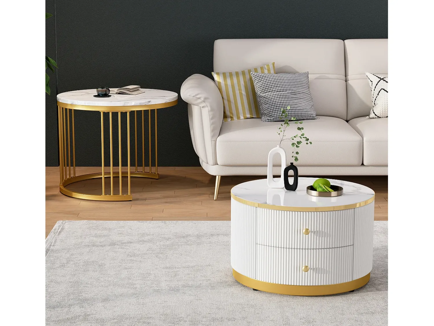 Mesa De Centro*ModernLuxe Conjunto de 2 mesas de encastrar - 2 gavetas - tampo em mármore - Branco e Dourado Branco / Dourado