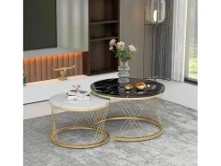 Discount ModernLuxe Conjunto de 2 mesas de encastrar - folheado com padrão mármore - estrutura metálica - Preto Preto / Branco