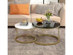 Discount ModernLuxe Conjunto de 2 mesas de encastrar - folheado com padrão mármore - estrutura metálica - Preto Preto / Branco