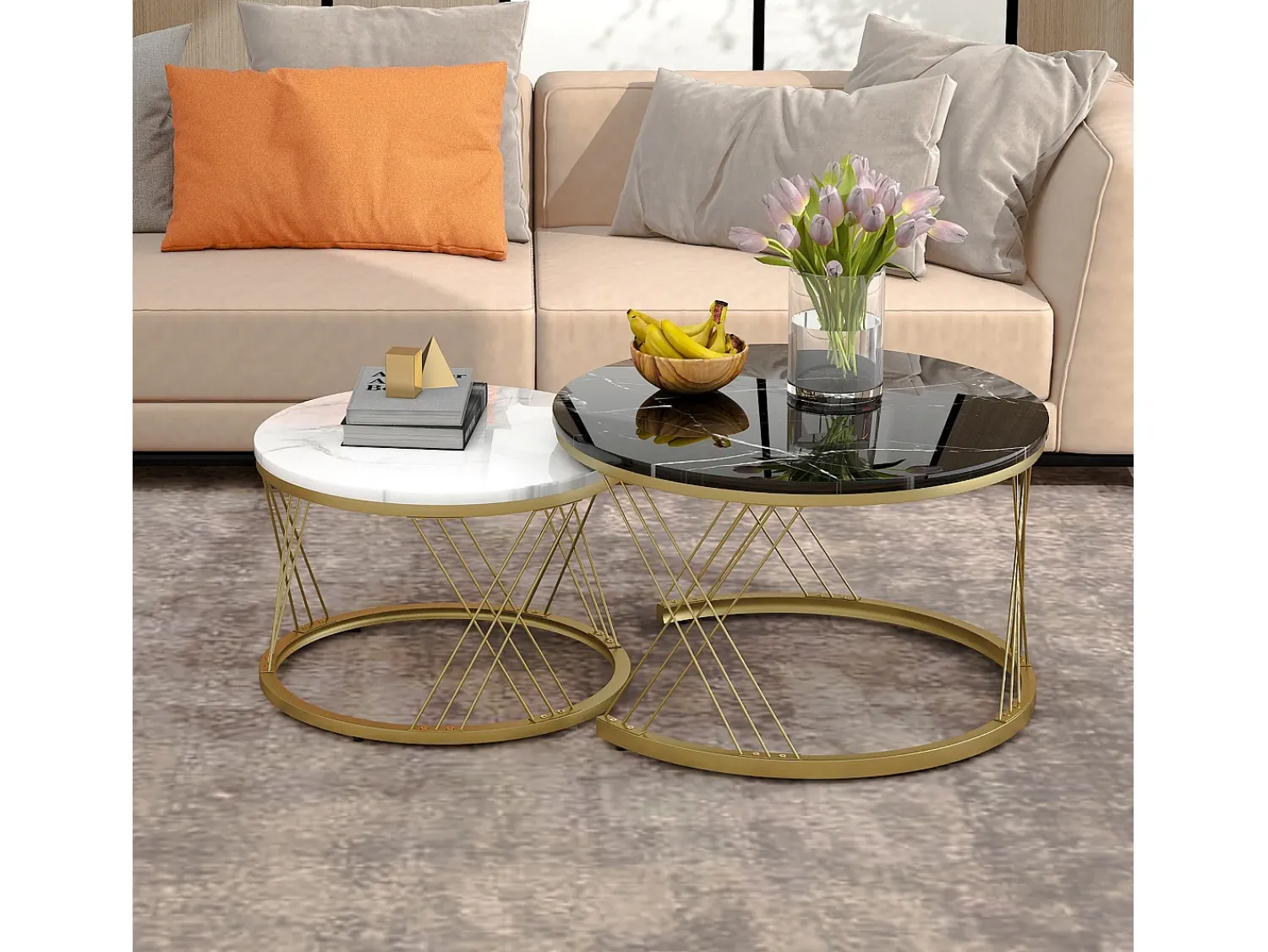 Discount ModernLuxe Conjunto de 2 mesas de encastrar - folheado com padrão mármore - estrutura metálica - Preto Preto / Branco