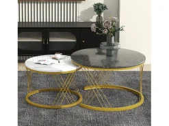 Mesa De Centro*ModernLuxe Conjunto de 2 mesas de encastrar - folheado com padrão mármore - estrutura metálica - Cinza Cinzento / Branco