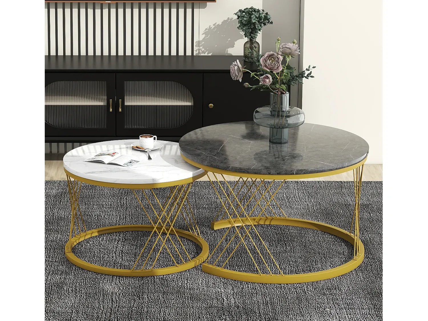 Mesa De Centro*ModernLuxe Conjunto de 2 mesas de encastrar - folheado com padrão mármore - estrutura metálica - Cinza Cinzento / Branco