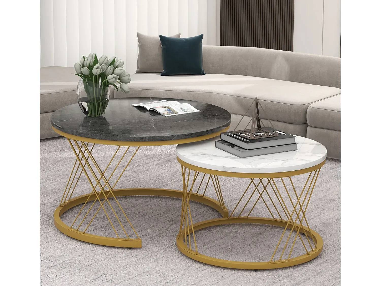 Mesa De Centro*ModernLuxe Conjunto de 2 mesas de encastrar - folheado com padrão mármore - estrutura metálica - Cinza Cinzento / Branco