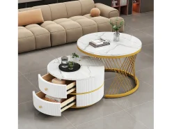 Sale Hauss Spole Conjunto de 2 mesas de encaixe com 2 gavetas, tampo com efeito mármore - Branco e Dourado