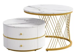 Sale Hauss Spole Conjunto de 2 mesas de encaixe com 2 gavetas, tampo com efeito mármore - Branco e Dourado