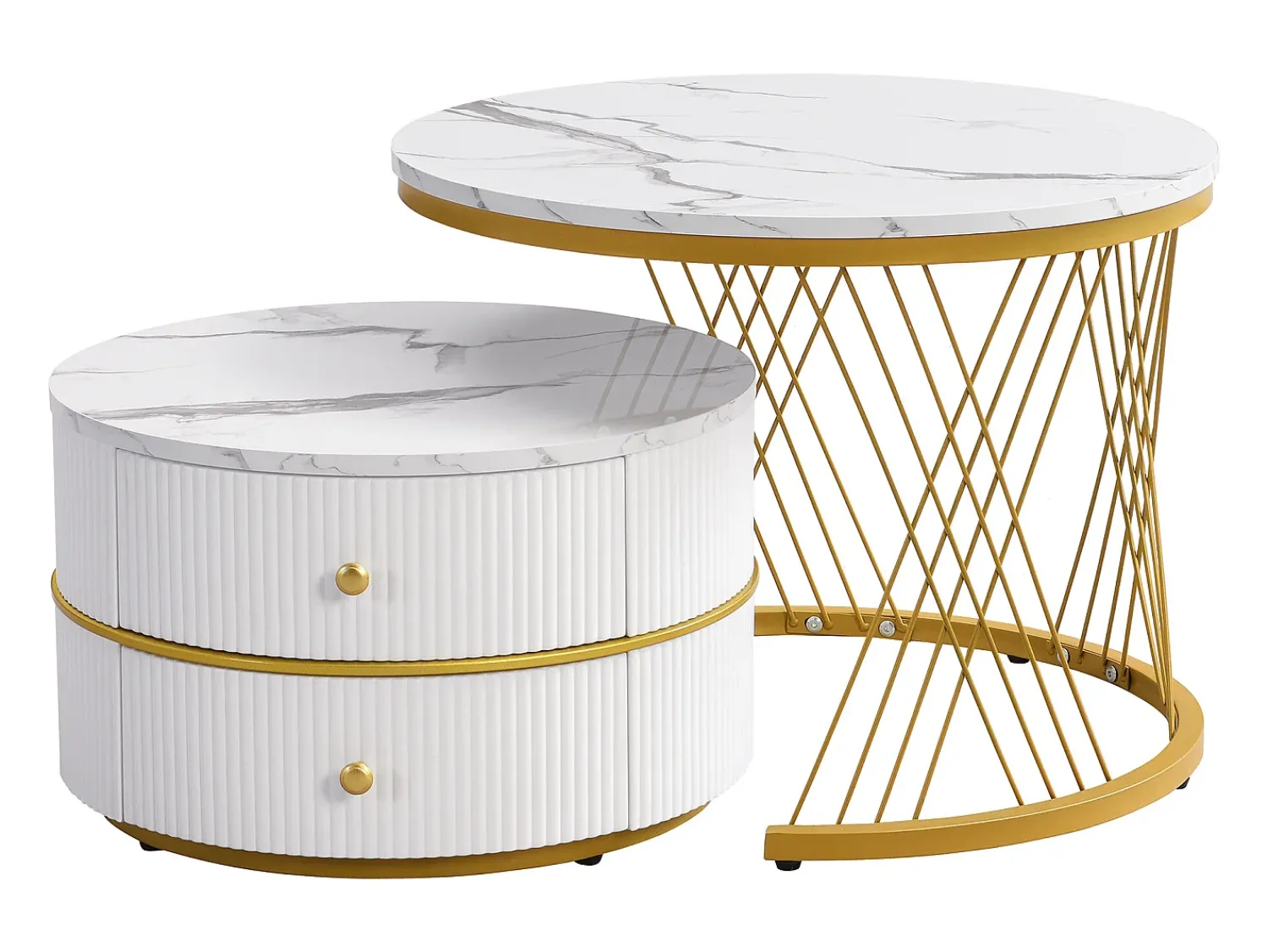 Sale Hauss Spole Conjunto de 2 mesas de encaixe com 2 gavetas, tampo com efeito mármore - Branco e Dourado