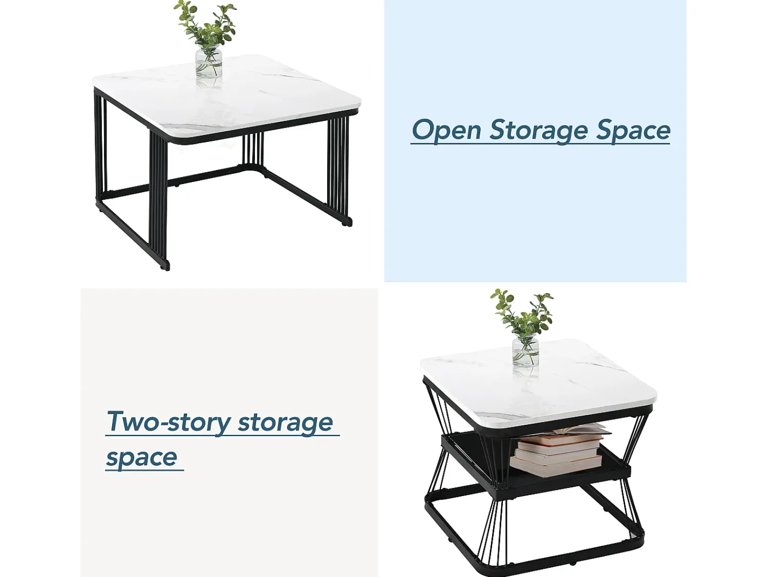 Mesa De Centro*ModernLuxe Conjunto de 2 mesas de encastrar - tampo em MDF com padrão mármore - estrutura em aço - Preto