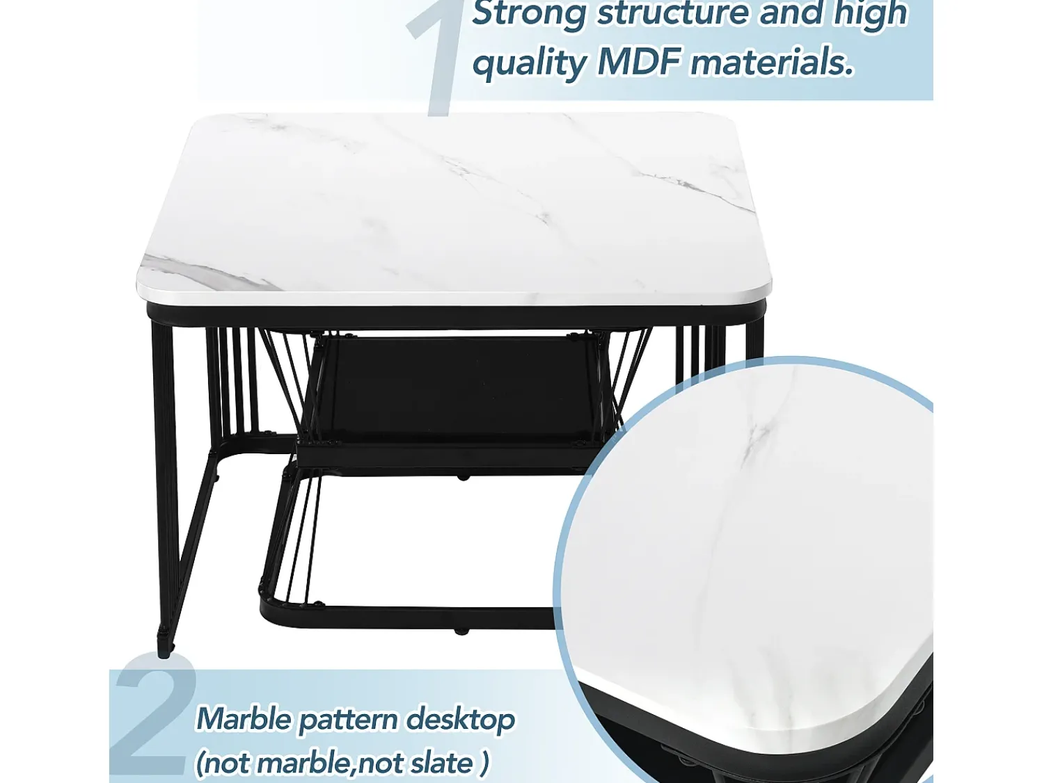 Mesa De Centro*ModernLuxe Conjunto de 2 mesas de encastrar - tampo em MDF com padrão mármore - estrutura em aço - Preto