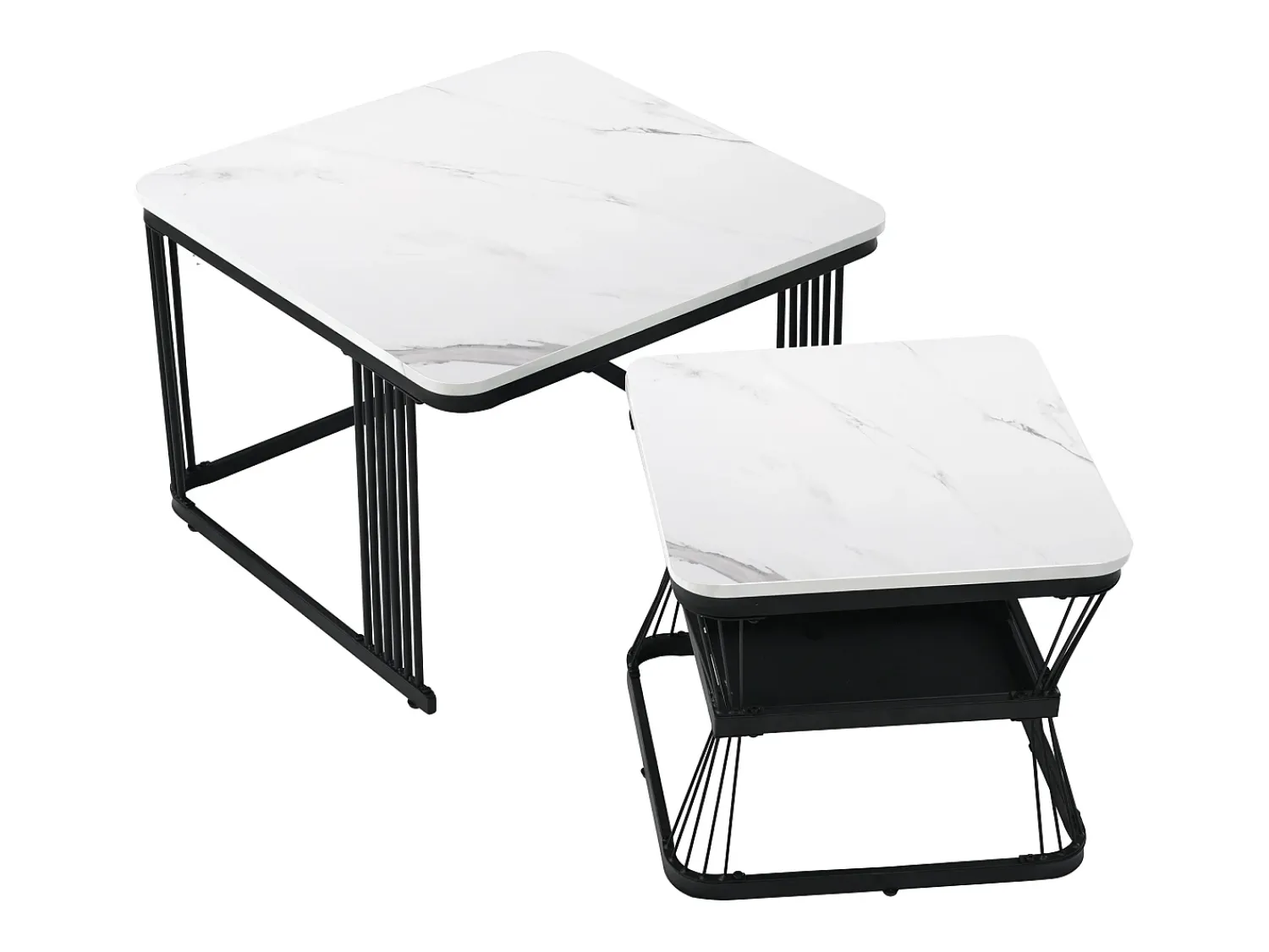 Mesa De Centro*ModernLuxe Conjunto de 2 mesas de encastrar - tampo em MDF com padrão mármore - estrutura em aço - Preto