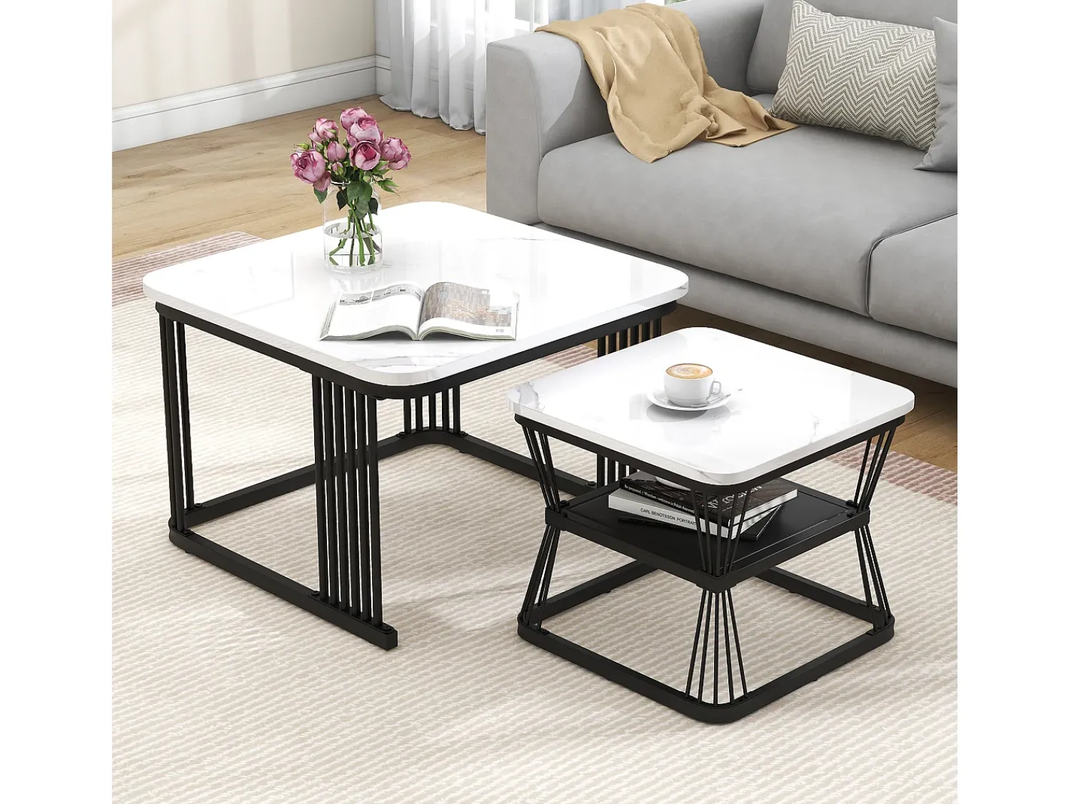 Mesa De Centro*ModernLuxe Conjunto de 2 mesas de encastrar - tampo em MDF com padrão mármore - estrutura em aço - Preto